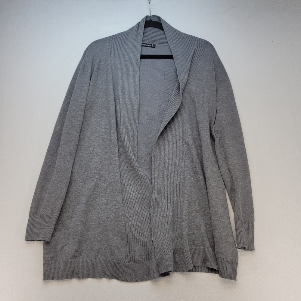 Esperanza Cardigan Sweater Women Large Gray Open Front Shawl Collar Ribbed Knit